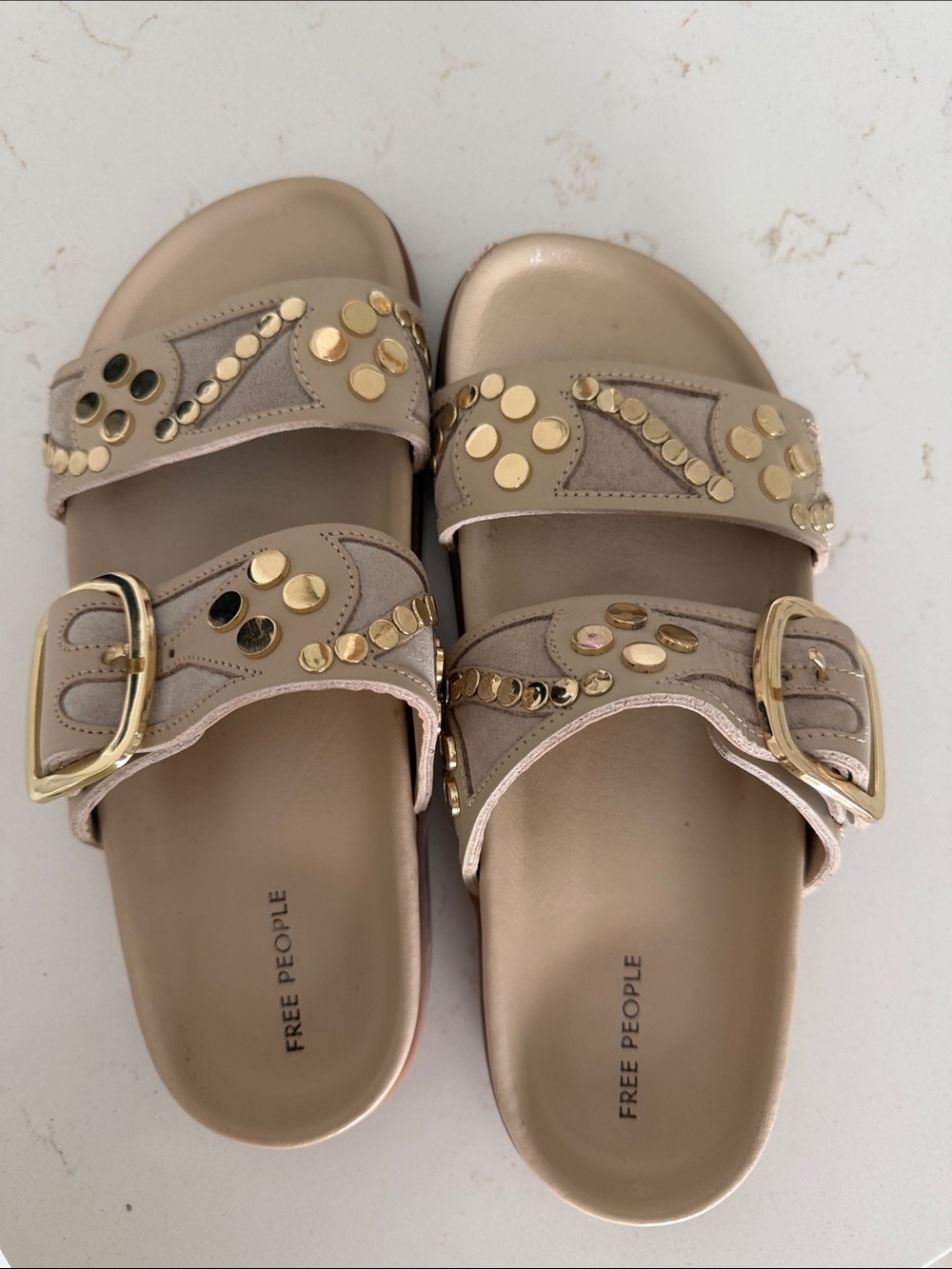Free People Nude Beige Slide Sandals with Gold Studs